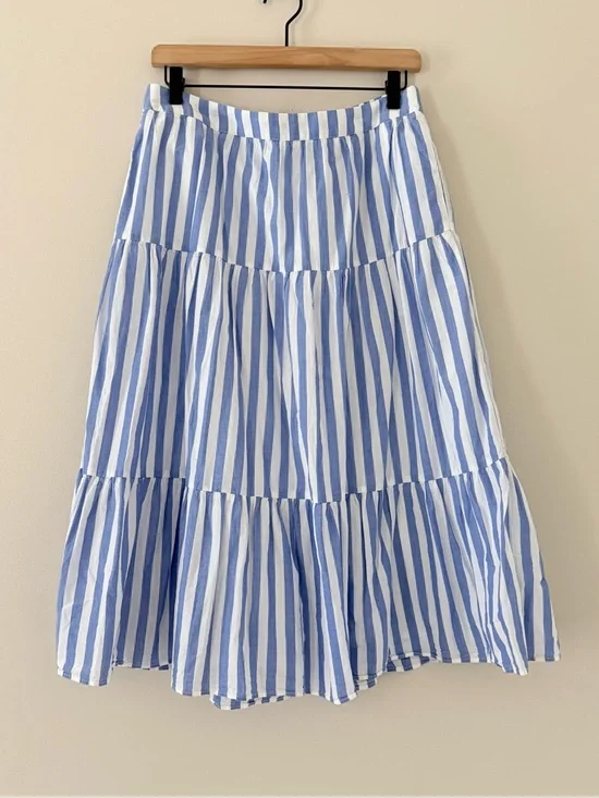 J Crew Factory Tiered midi skirt Sail Blue Stripe Pull on Cotton Preppy Size M - Picture 9 of 13